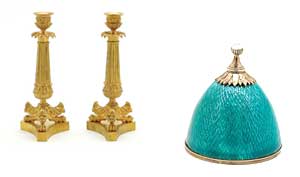Gold-palted candlesticks. Turquoise enamel and silver perfume bottle. 