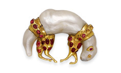 A gem-set 22-karat gold brooch with baroque pearl, circa 1750