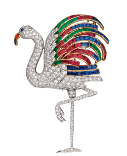 Flamingo brooch set with diamonds, rubies, sapphires, and emeralds.